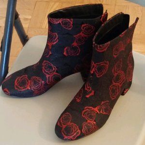 Satin Black & Red Floral Booties